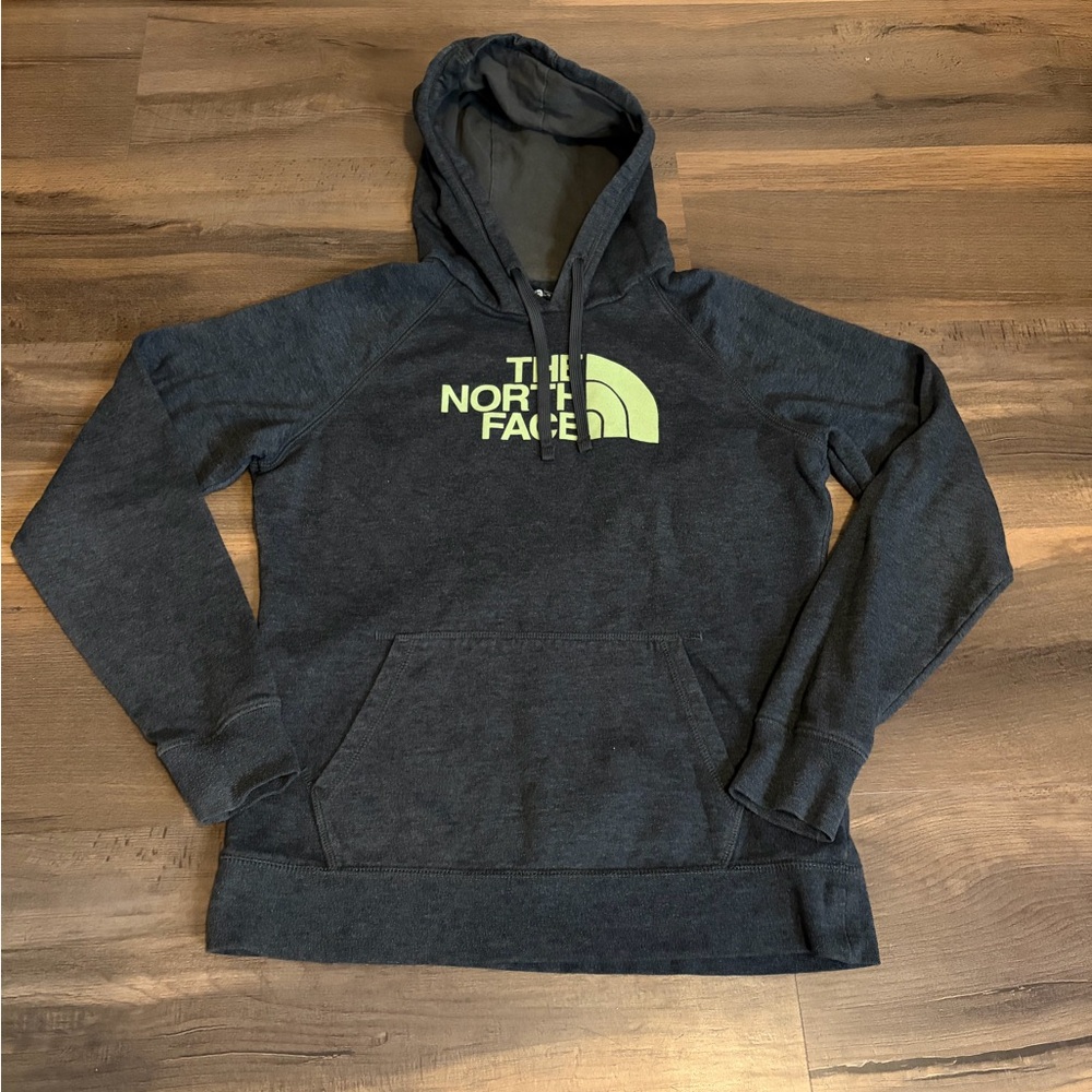Womens The North Face Dark Gray Hoodie with Yellow Logo Size Large